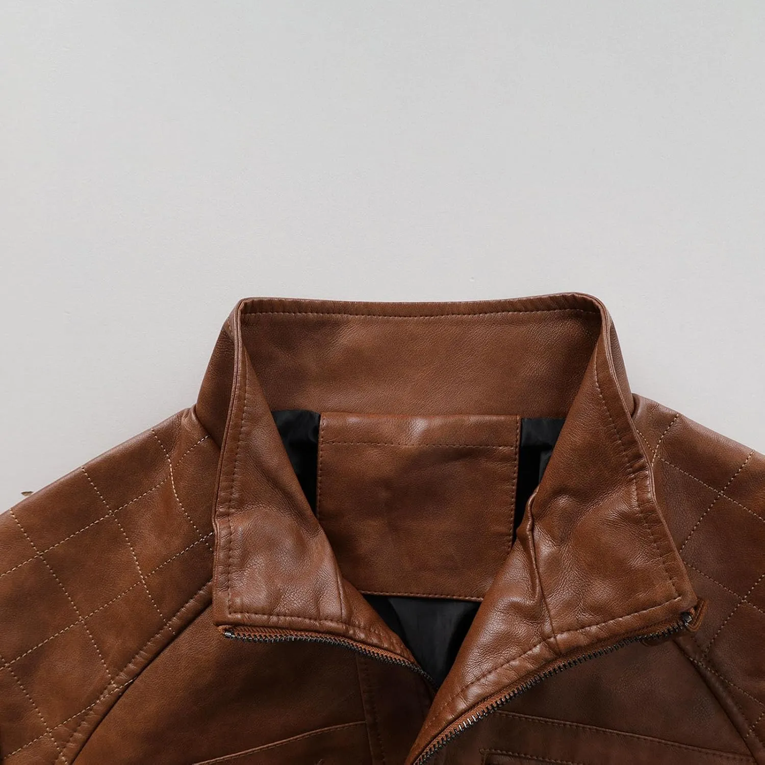 Mens Leather Jacket Stand Collar Moto Jacket Zip up Biker Jacket Vintage Faux Leather Jacket Casual Winter Coat