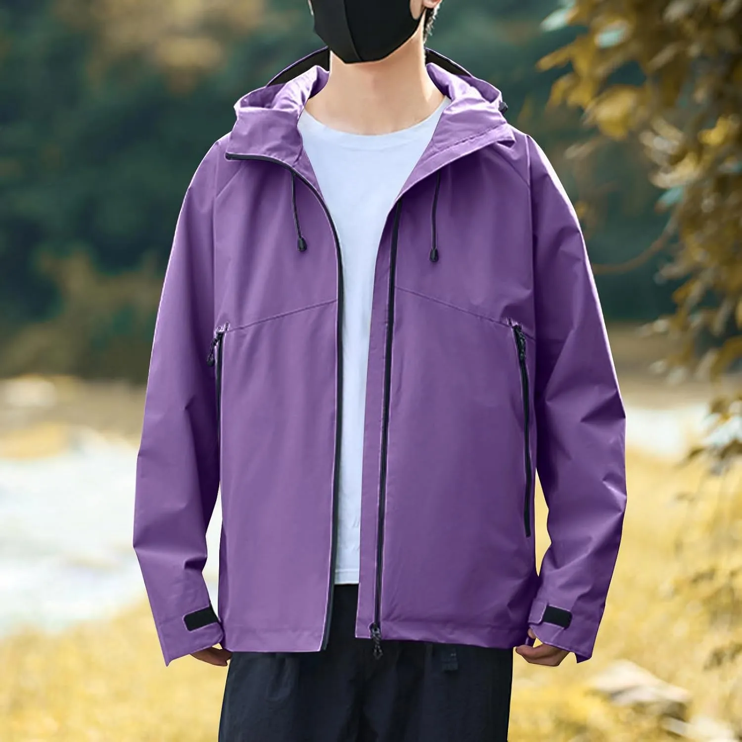 Mens Lightweight Softshell Rain Jackets Solid Drawstring Long Sleeve Raincoats Pockets Fall Waterproof Windbreaker