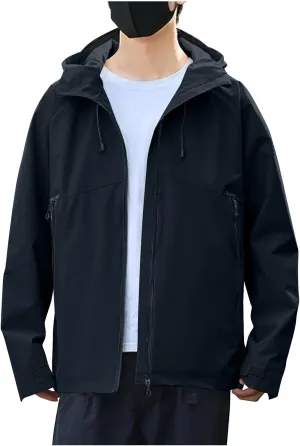 Mens Lightweight Softshell Rain Jackets Solid Drawstring Long Sleeve Raincoats Pockets Fall Waterproof Windbreaker