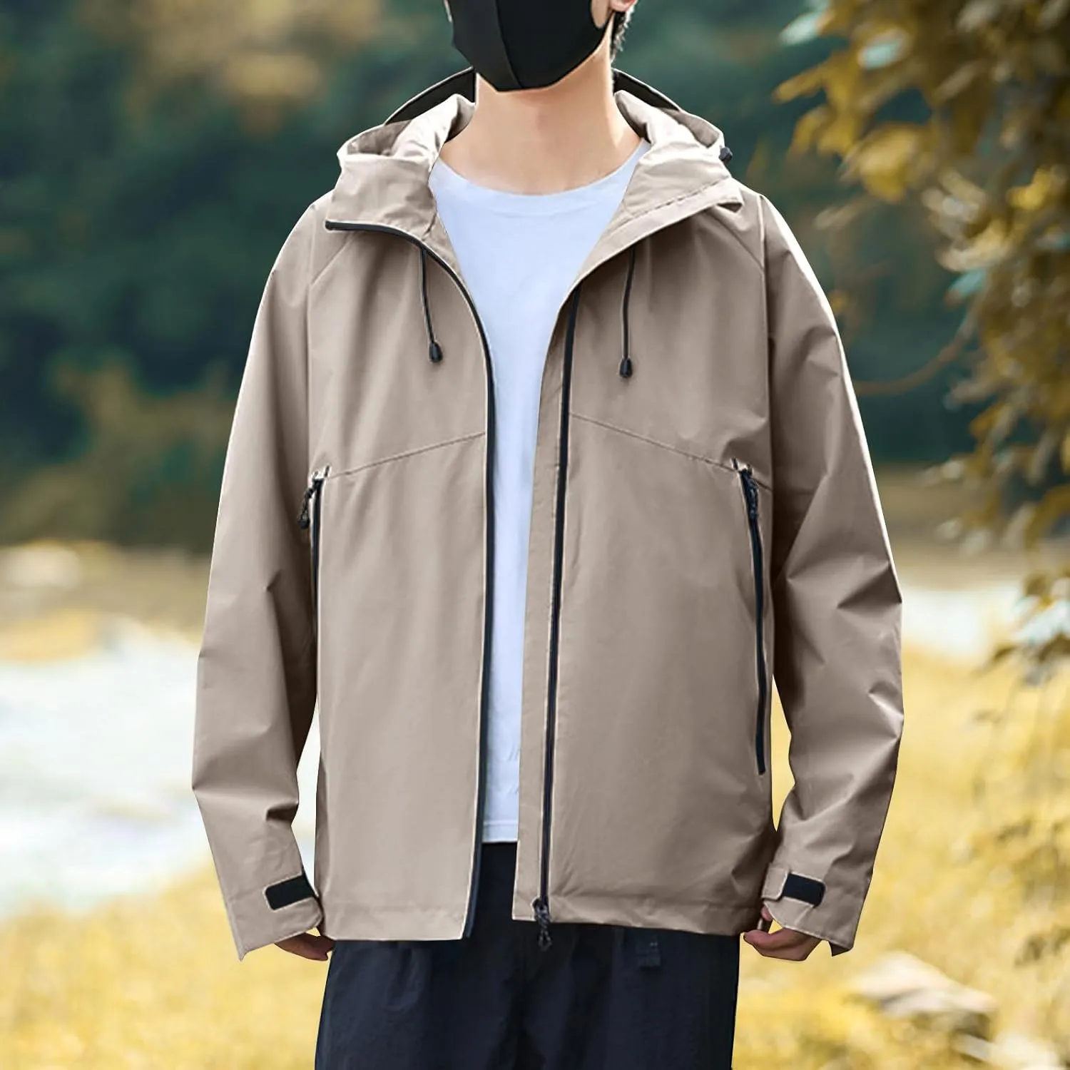 Mens Lightweight Softshell Rain Jackets Solid Drawstring Long Sleeve Raincoats Pockets Fall Waterproof Windbreaker