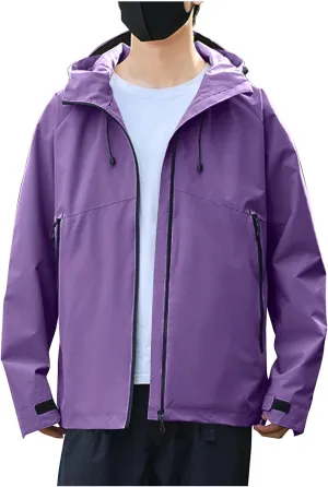 Mens Lightweight Softshell Rain Jackets Solid Drawstring Long Sleeve Raincoats Pockets Fall Waterproof Windbreaker