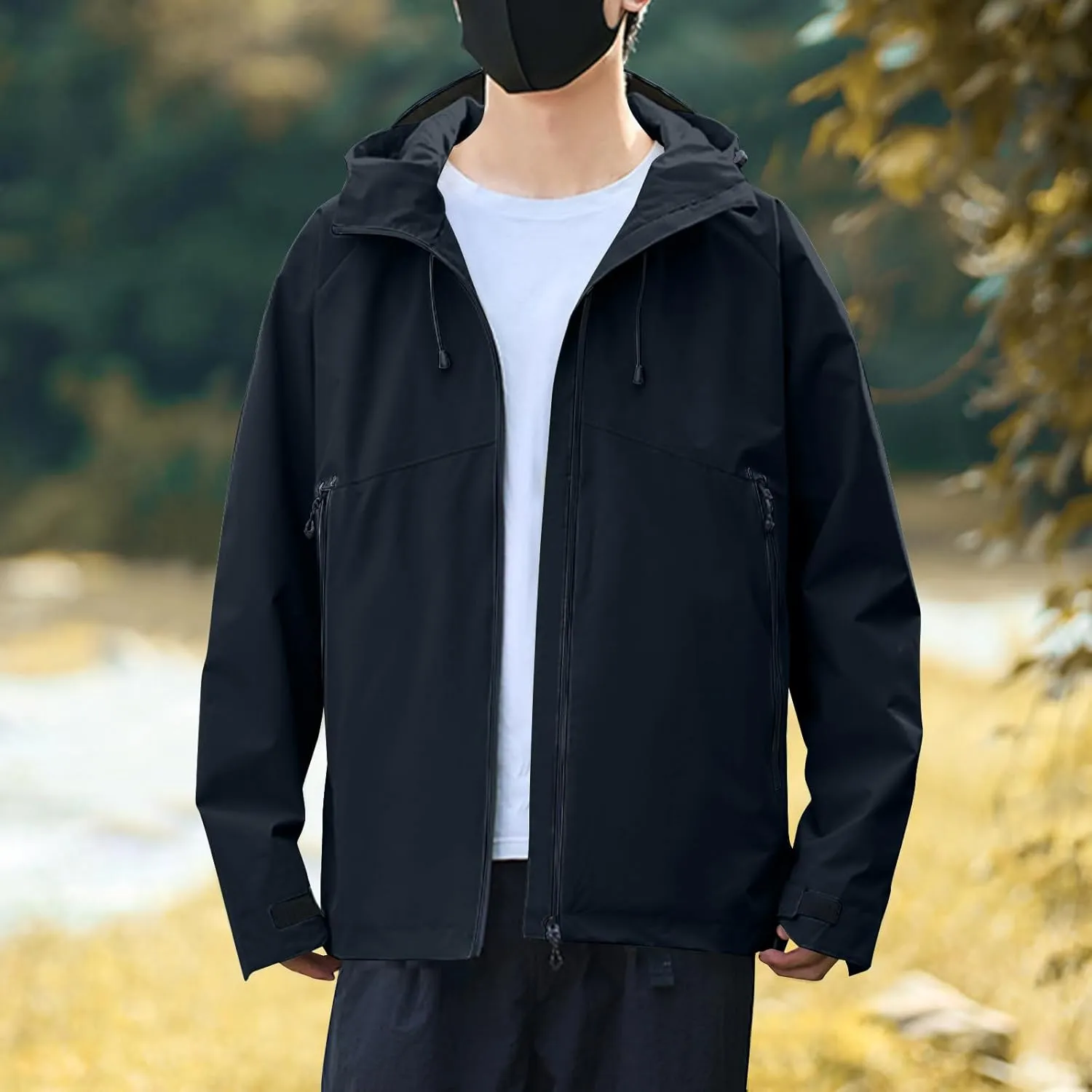 Mens Lightweight Softshell Rain Jackets Solid Drawstring Long Sleeve Raincoats Pockets Fall Waterproof Windbreaker