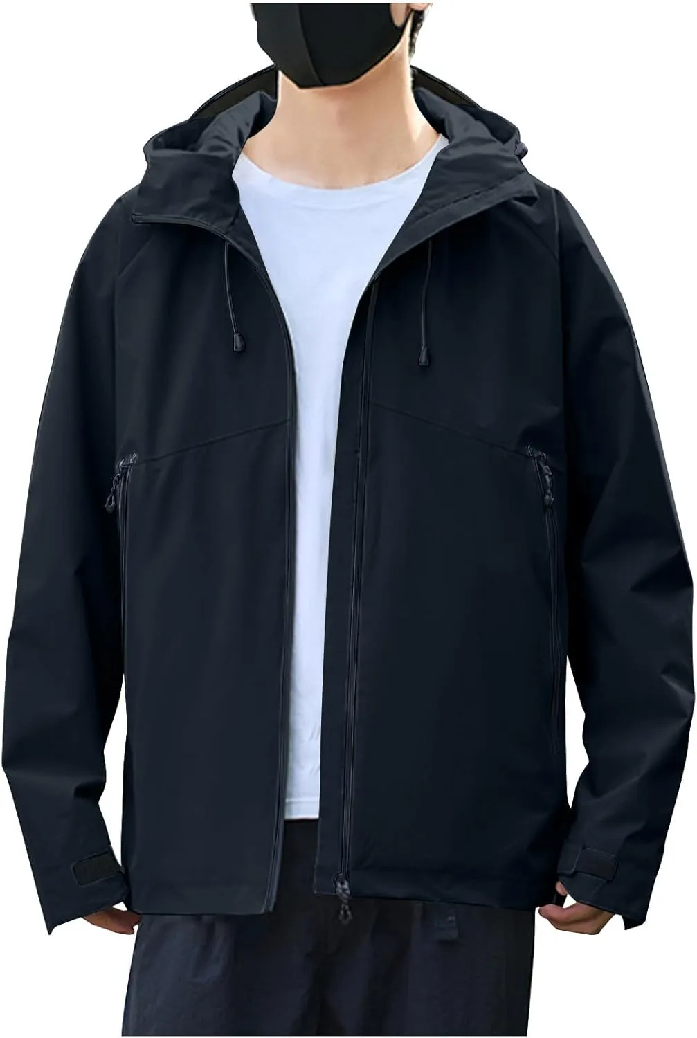 Mens Lightweight Softshell Rain Jackets Solid Drawstring Long Sleeve Raincoats Pockets Fall Waterproof Windbreaker