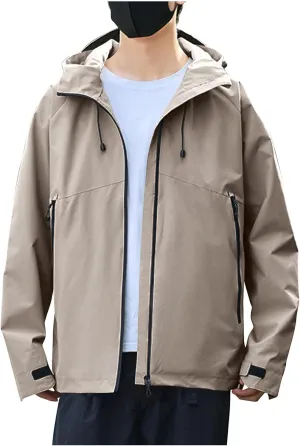 Mens Lightweight Softshell Rain Jackets Solid Drawstring Long Sleeve Raincoats Pockets Fall Waterproof Windbreaker