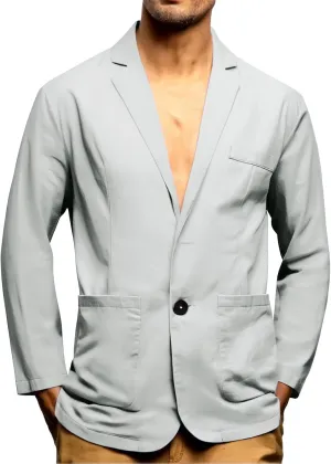 Men's Linen Cotton Casual Suits Blazer Jackets One Button Big and Tall Solid Lightweight Work Business Sports Coats