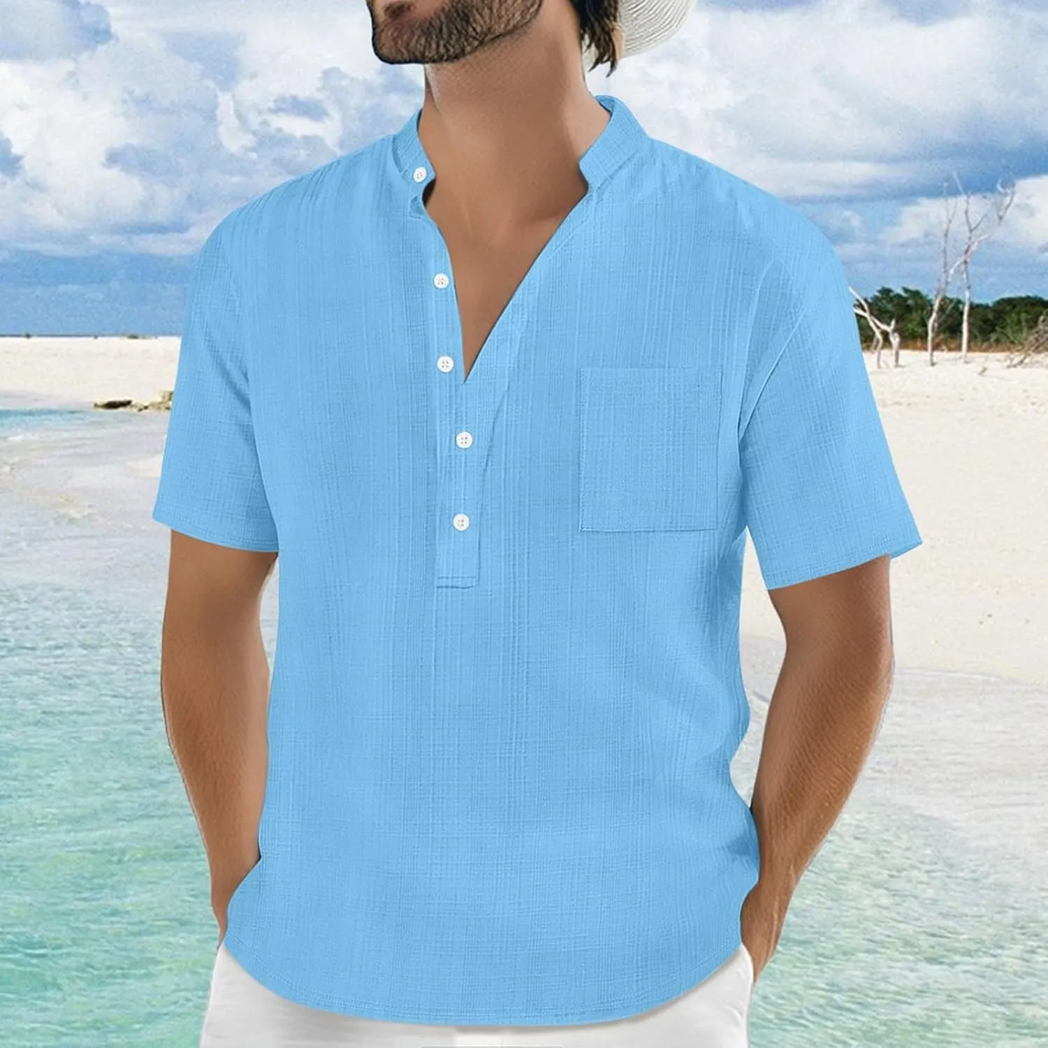 Mens Linen Shirts Short Sleeve Casual Cotton T-Shirts Summer Button Henley Shirt Lightweight Loose Beach Tee Tops