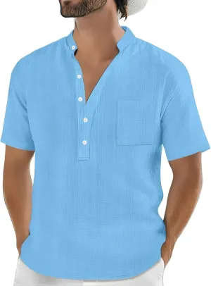 Mens Linen Shirts Short Sleeve Casual Cotton T-Shirts Summer Button Henley Shirt Lightweight Loose Beach Tee Tops