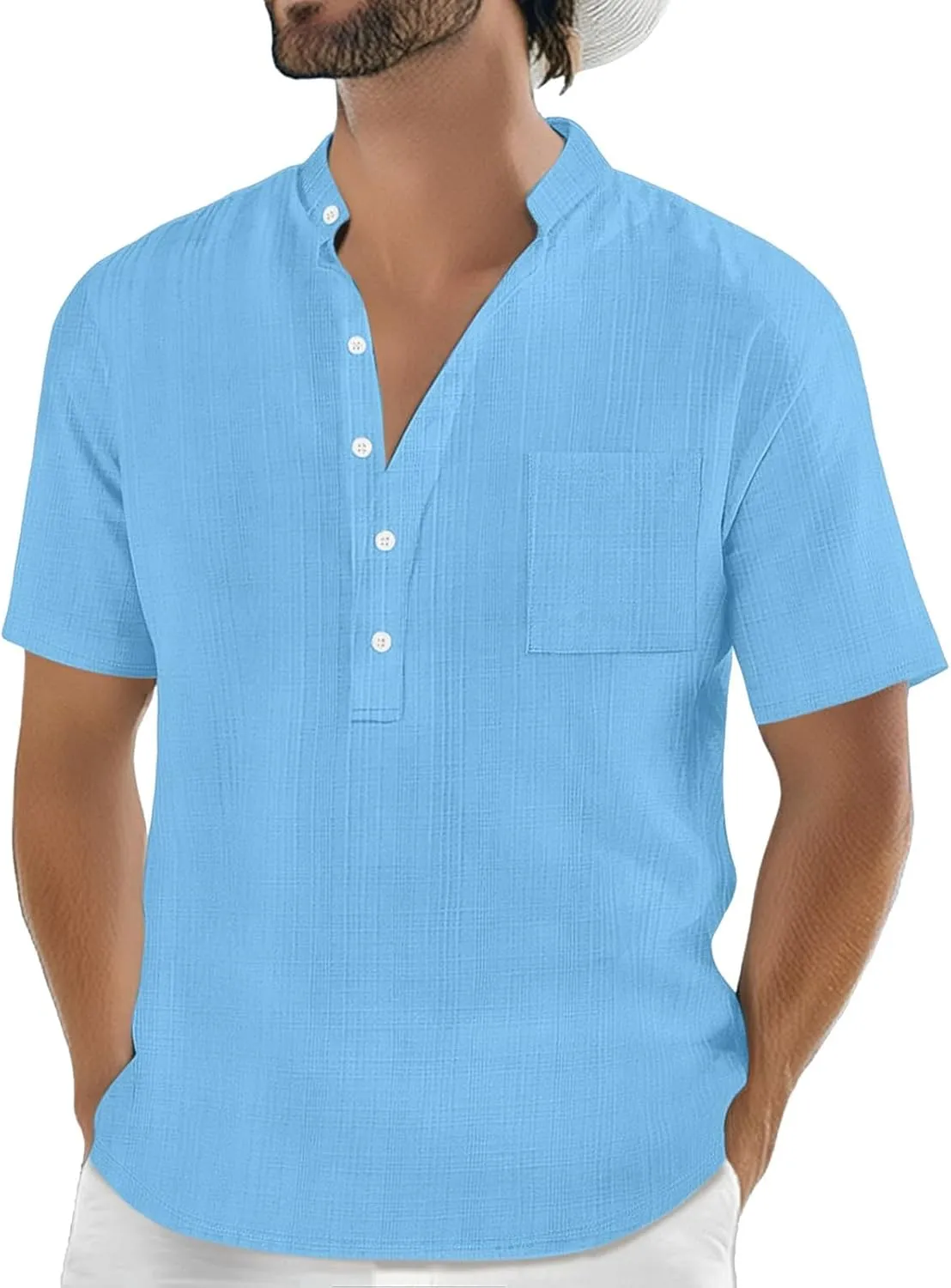 Mens Linen Shirts Short Sleeve Casual Cotton T-Shirts Summer Button Henley Shirt Lightweight Loose Beach Tee Tops