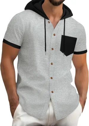 Mens Linen Shirts with Hood Trendy Short Sleeve Button Down Waffle Hooded Shirt Casual Lace Up Cuban Guayabera Blouses