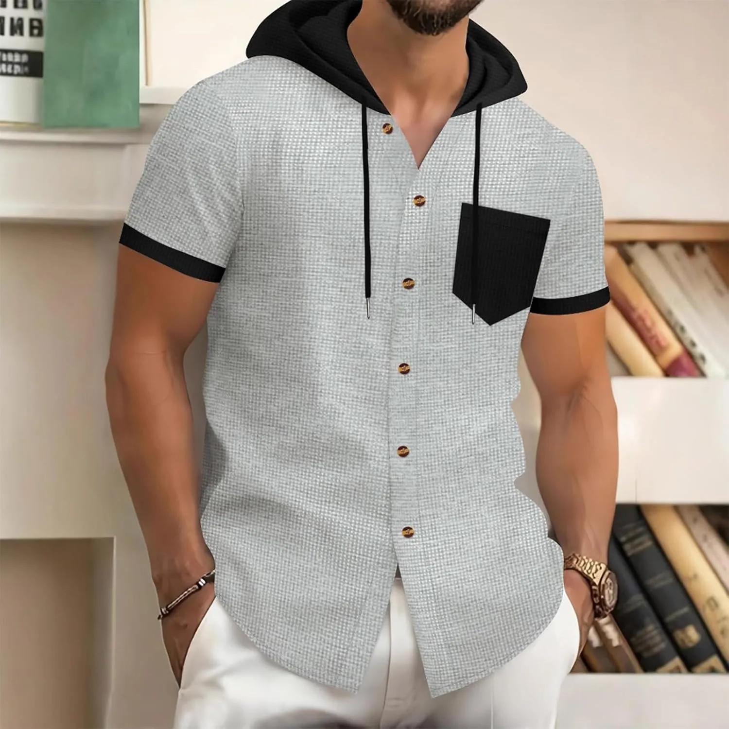 Mens Linen Shirts with Hood Trendy Short Sleeve Button Down Waffle Hooded Shirt Casual Lace Up Cuban Guayabera Blouses