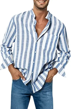 Men's Linen Striped Dress Shirts Long Sleeve Big and Tall Casual Button Down Office Work Shirts Summer Holiday Beach Shirts