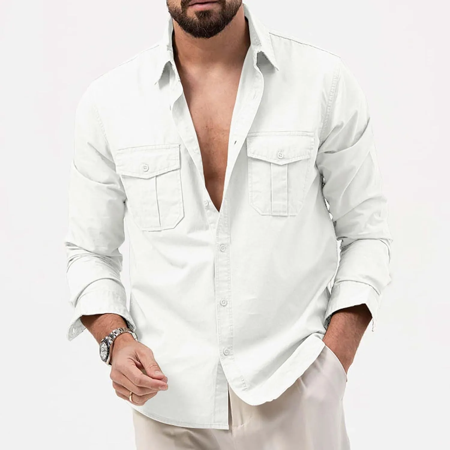 Mens Long Sleeve Safari Shirts Casual Loose Tactical Cargo Work Shirts Outdoor Lightweight Button Down Hiking Travel Shirts