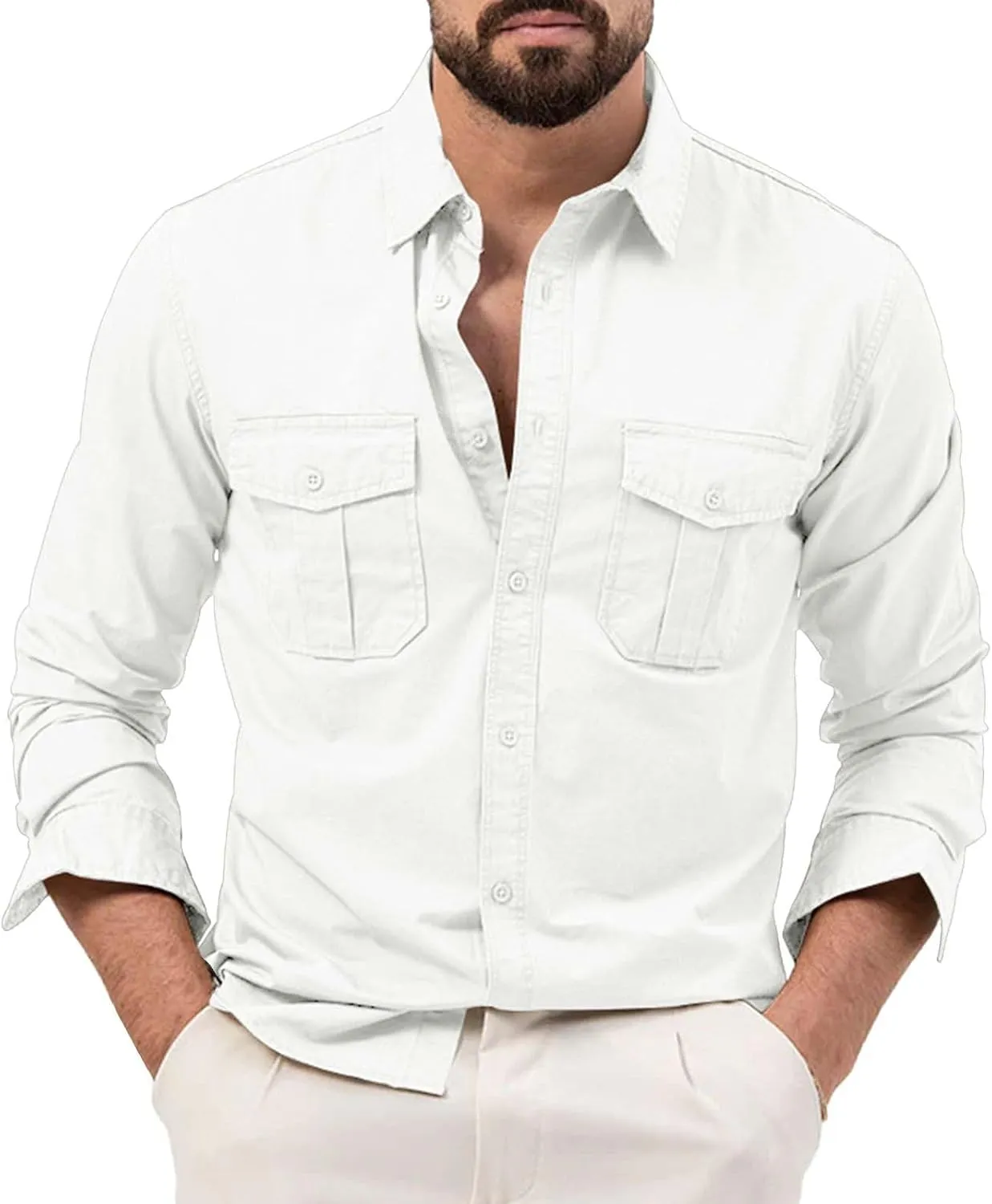 Mens Long Sleeve Safari Shirts Casual Loose Tactical Cargo Work Shirts Outdoor Lightweight Button Down Hiking Travel Shirts