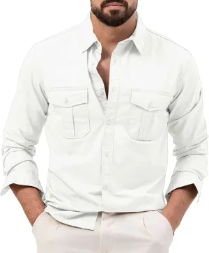 Mens Long Sleeve Safari Shirts Casual Loose Tactical Cargo Work Shirts Outdoor Lightweight Button Down Hiking Travel Shirts