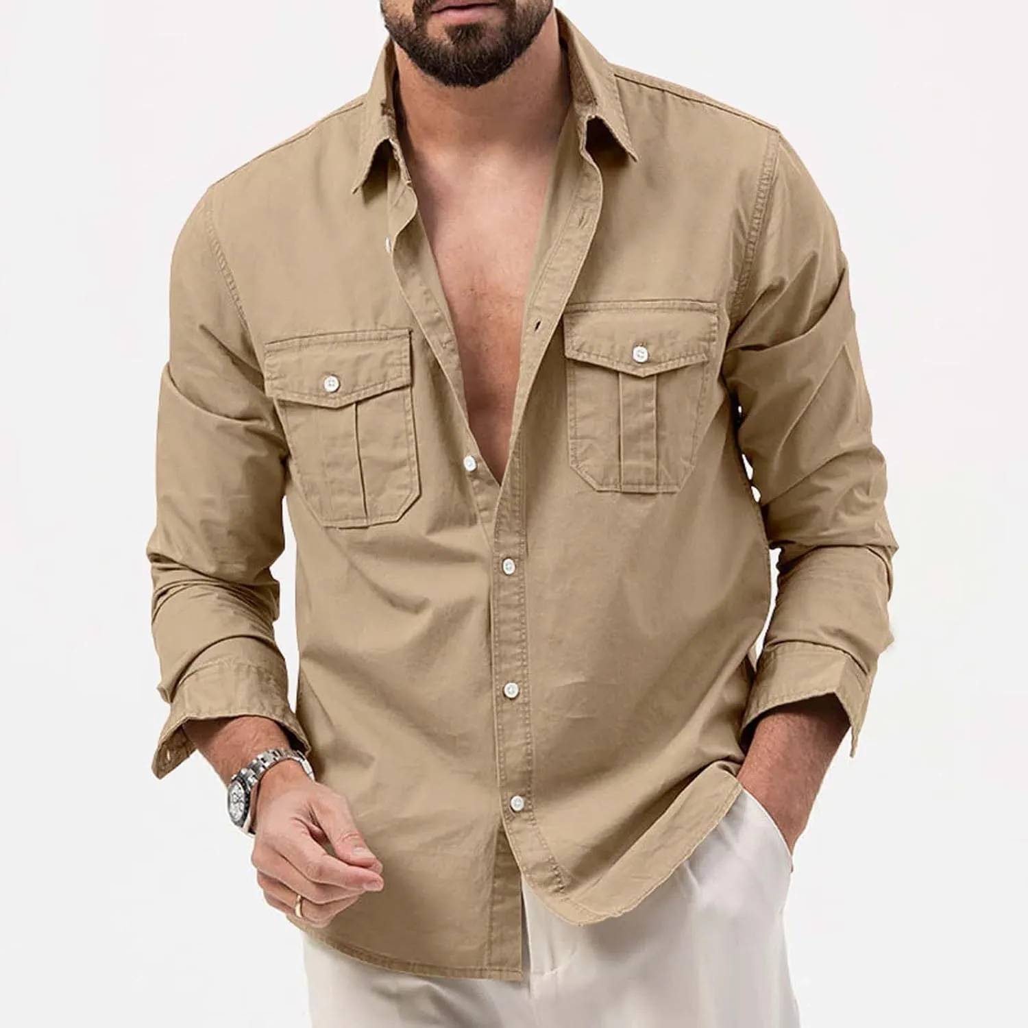 Mens Long Sleeve Safari Shirts Casual Loose Tactical Cargo Work Shirts Outdoor Lightweight Button Down Hiking Travel Shirts