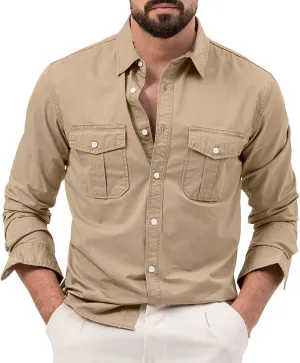 Mens Long Sleeve Safari Shirts Casual Loose Tactical Cargo Work Shirts Outdoor Lightweight Button Down Hiking Travel Shirts