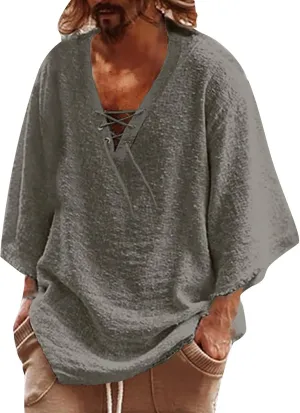 Mens Oversized T Shirt Summer Casual 3/4 Sleeve V Neck Henley Shirts Loose Hipster Plus Size Beach Hippie T-Shirts
