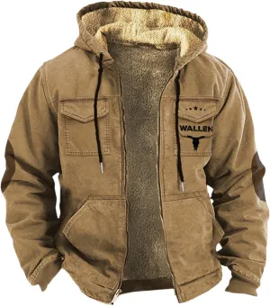 Mens Puffer Jacket Packable Jackets Double Pocket Western Cowboy 3D Printed Hooded Brown Warm Cotton Jacket Men's