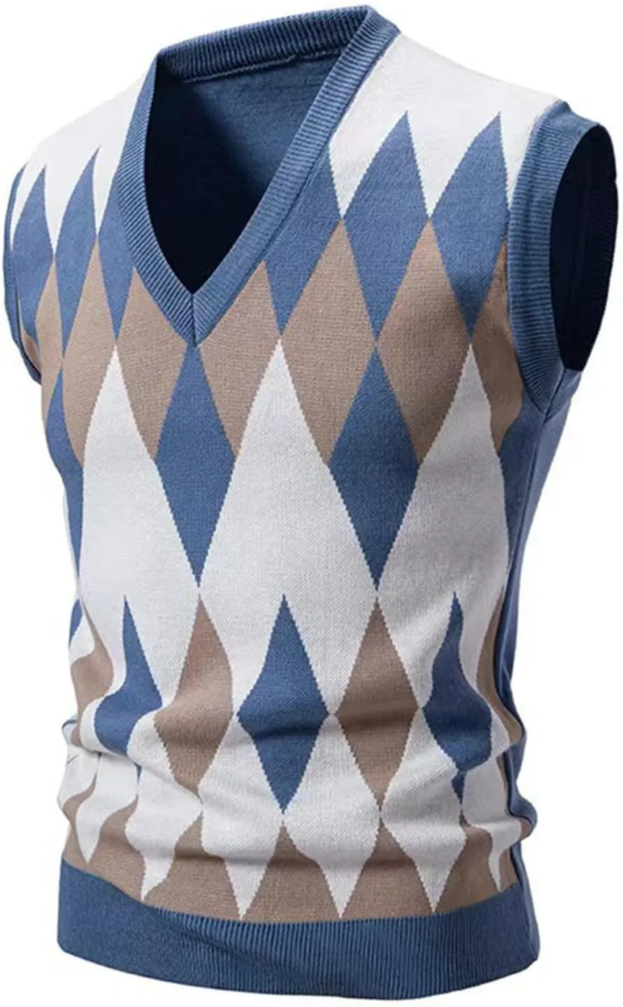 Men's Pullover Sweater Vest Sleeveless V-Neck Slim Fit Color Blocks Argyle Sweaters Vests Winter Warm Waistcoat