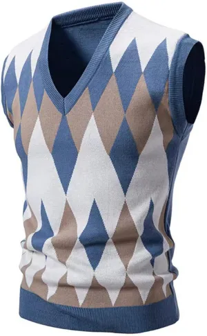 Men's Pullover Sweater Vest Sleeveless V-Neck Slim Fit Color Blocks Argyle Sweaters Vests Winter Warm Waistcoat