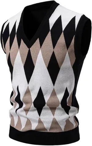 Men's Pullover Sweater Vest Sleeveless V-Neck Slim Fit Color Blocks Argyle Sweaters Vests Winter Warm Waistcoat