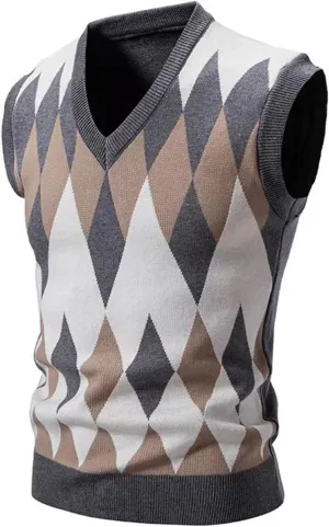 Men's Pullover Sweater Vest Sleeveless V-Neck Slim Fit Color Blocks Argyle Sweaters Vests Winter Warm Waistcoat