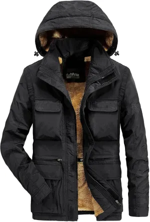 Mens Rain Jackets Hooded Fleece Mountain Windbreaker with Multi Pockets Fall Winter Waterproof Lightweight Raincoats