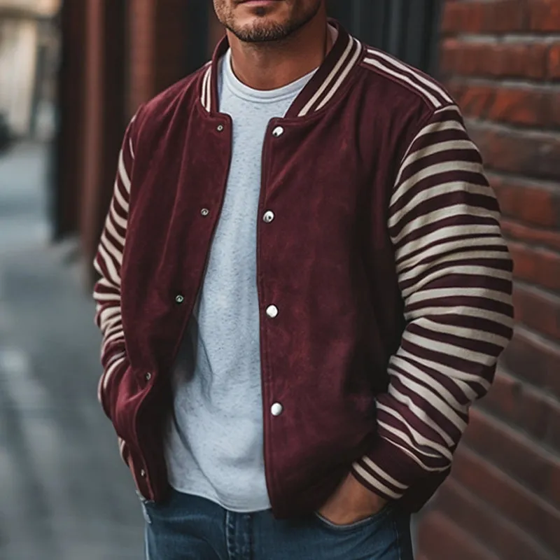 Men's Retro Casual Preppy Stripe Button Baseball Jacket 92488690TO