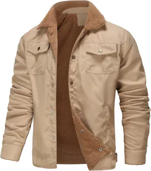 Men's Sherpa Lined Jacket Fleece Cargo Coats Button Down Lapel Coat Vintage Casual Outwears Winter Trendy Overcoats