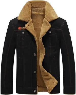 Men's Sherpa Lined Trucker Jacket Lapel Cotton Cargo Jacket Casual Button Jackets Warm Winter Parka Thickening Coats