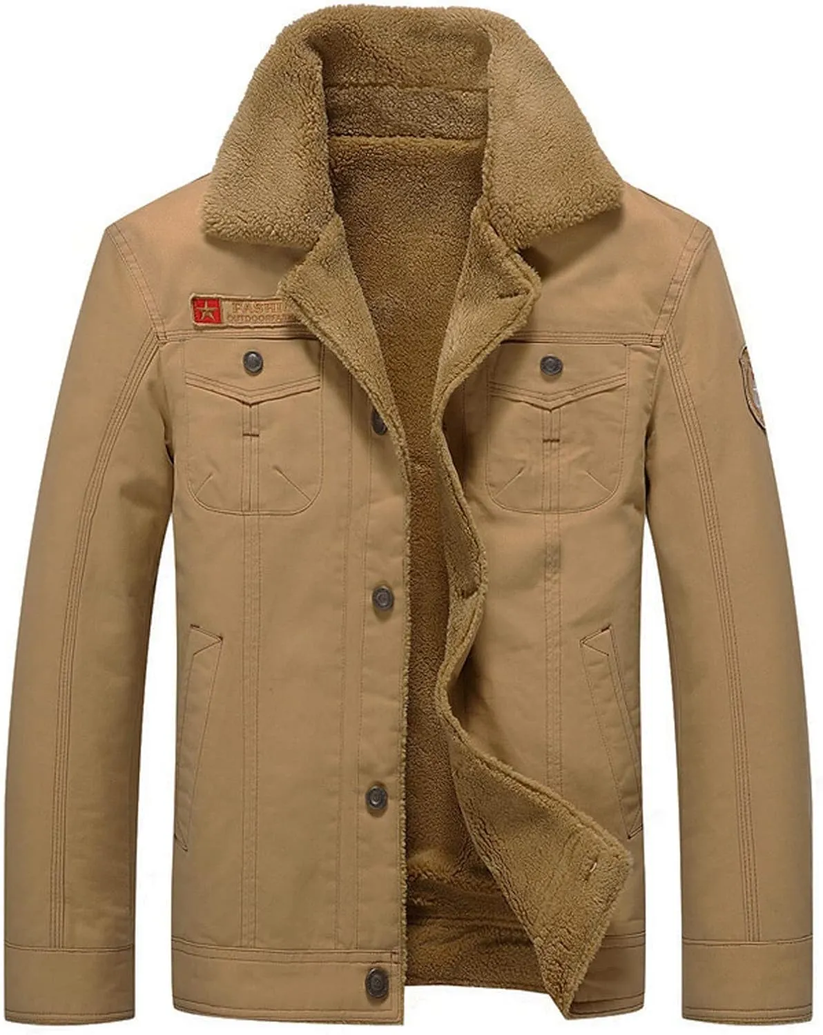 Men's Sherpa Lined Trucker Jacket Lapel Cotton Cargo Jacket Casual Button Jackets Warm Winter Parka Thickening Coats