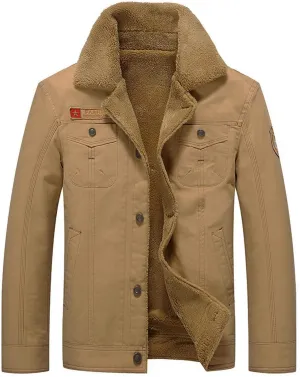 Men's Sherpa Lined Trucker Jacket Lapel Cotton Cargo Jacket Casual Button Jackets Warm Winter Parka Thickening Coats