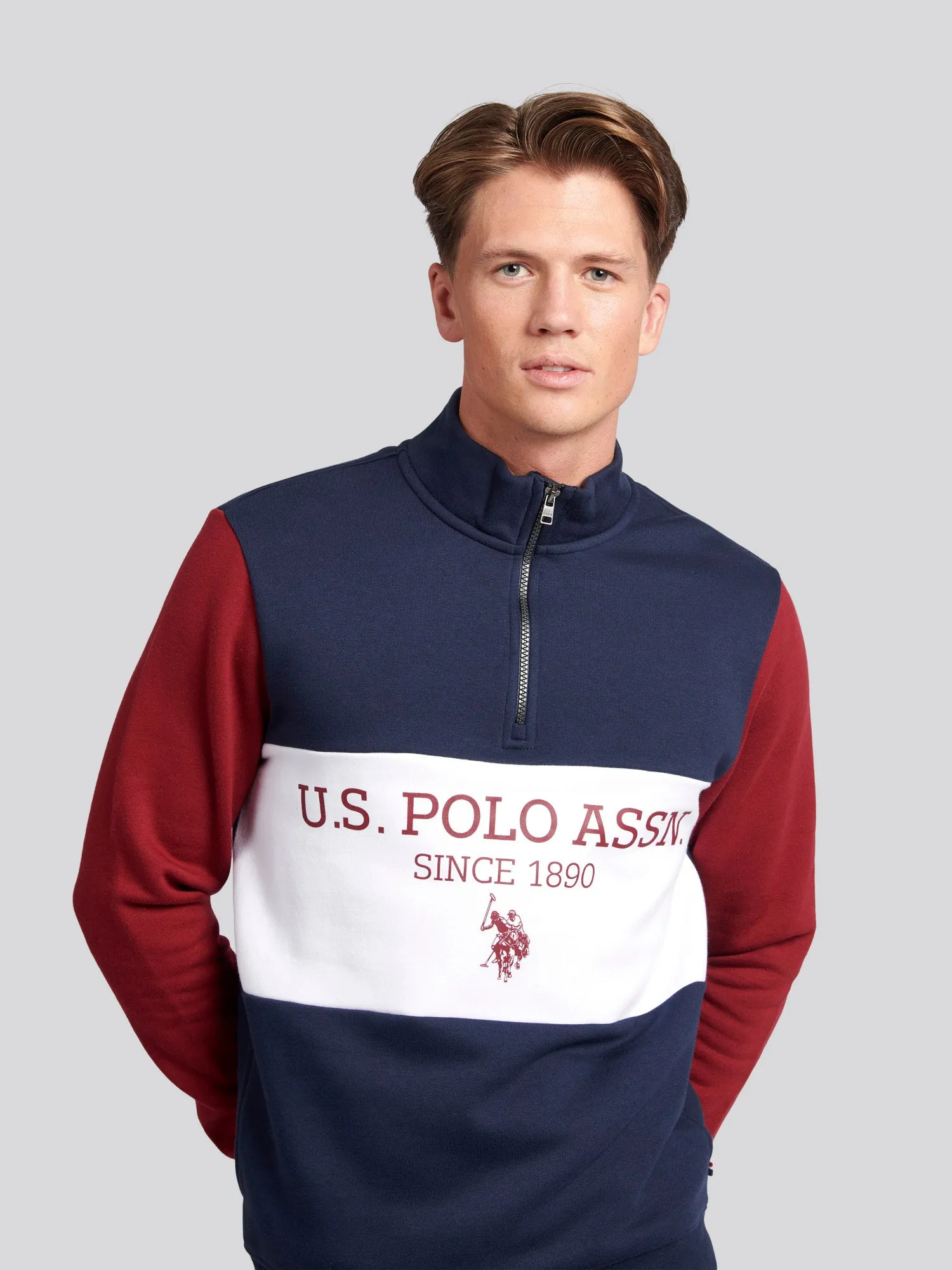 Mens Sports Zip Funnel Neck Sweatshirt in Navy Blue