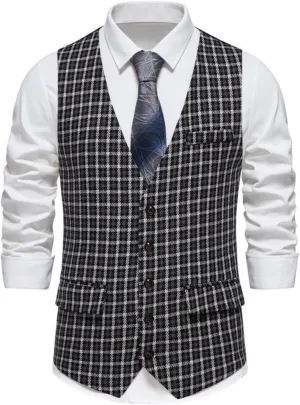 Men's Stylish Suit Vest Slim Fit Plaid Business Formal Waistcoat Wedding Banquet Date Party Suit Tuxedo Vest Tops