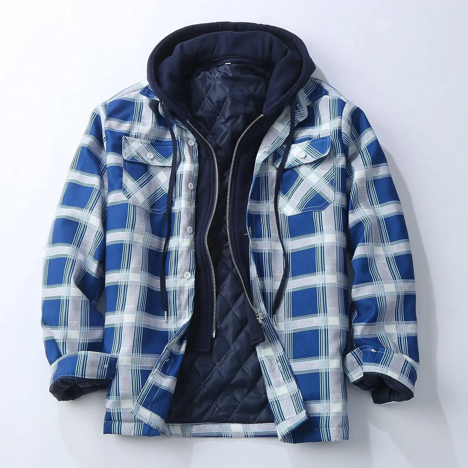 Mens Sweatshirt Winter Fashion Casual Plaid Pocket Hooded Zipper Buckle Composite Coat Jacket Thick Coat Weighted