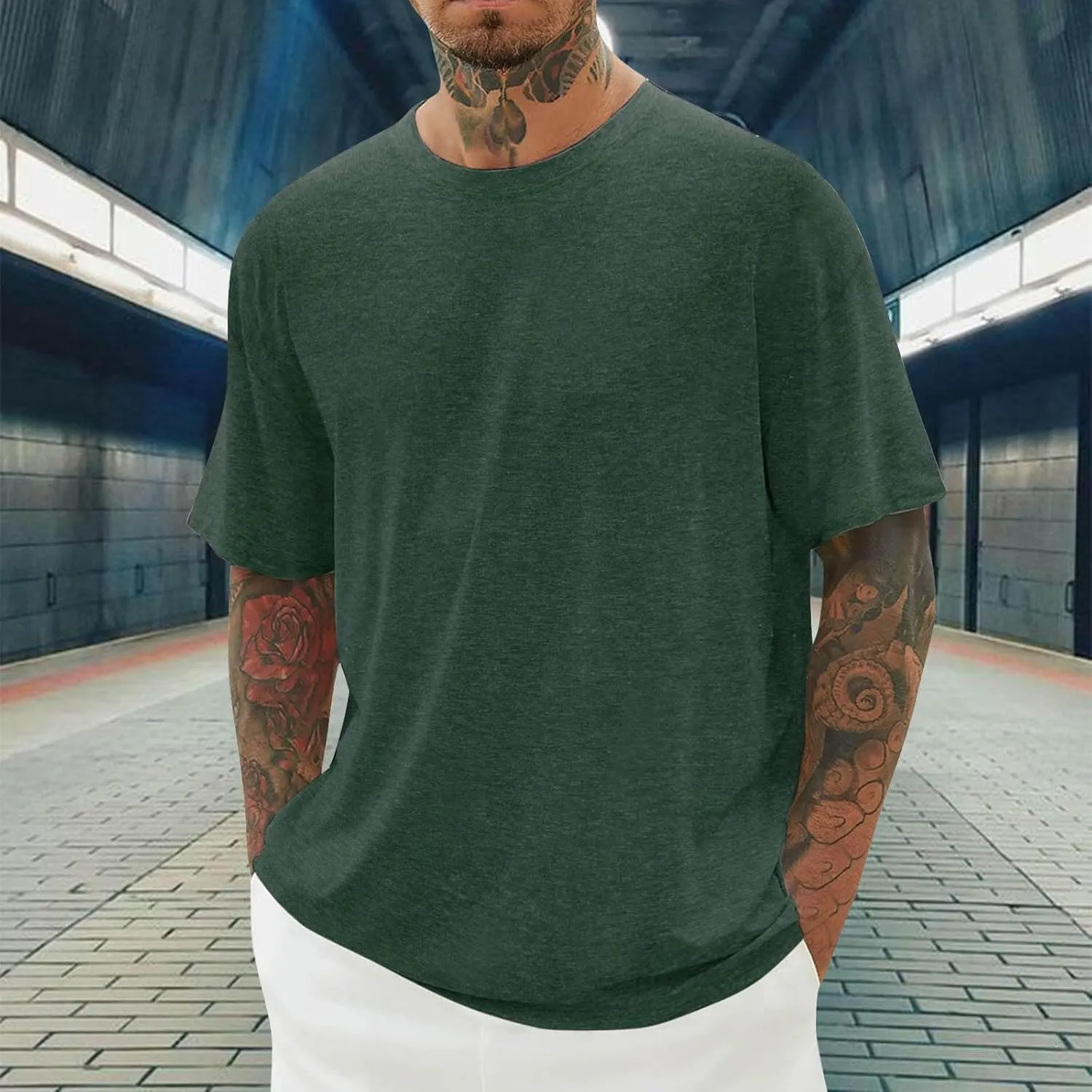 Mens T Shirts Round Neck T Shirts Casual Short Sleeve Slim Fit Muscle Shirts Summer Solid Crewneck Basic Tees Tops
