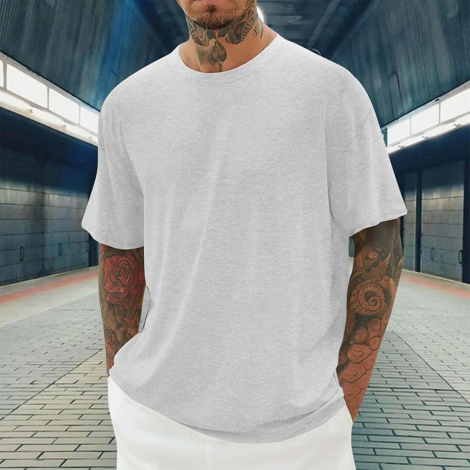 Mens T Shirts Round Neck T Shirts Casual Short Sleeve Slim Fit Muscle Shirts Summer Solid Crewneck Basic Tees Tops