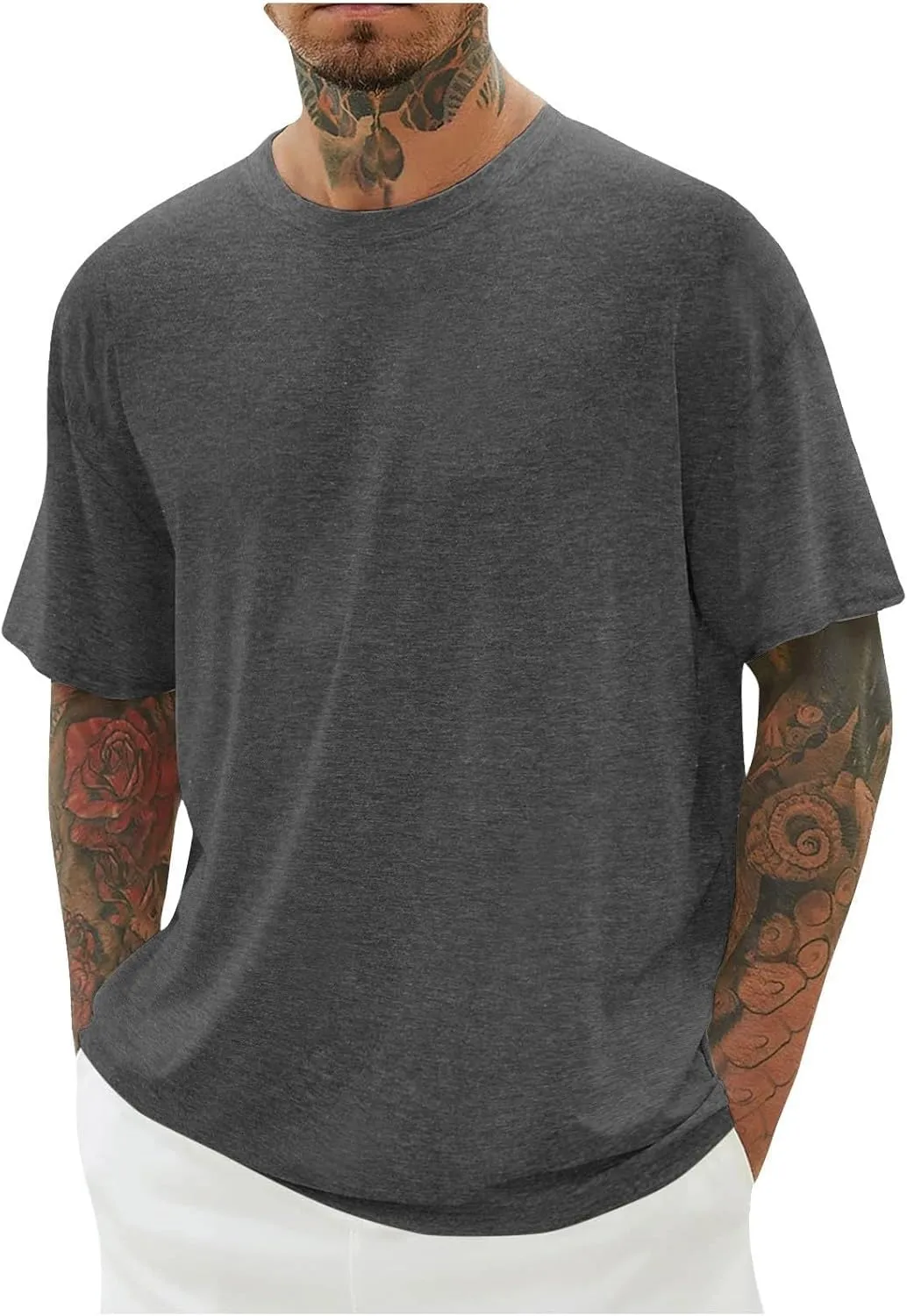 Mens T Shirts Round Neck T Shirts Casual Short Sleeve Slim Fit Muscle Shirts Summer Solid Crewneck Basic Tees Tops