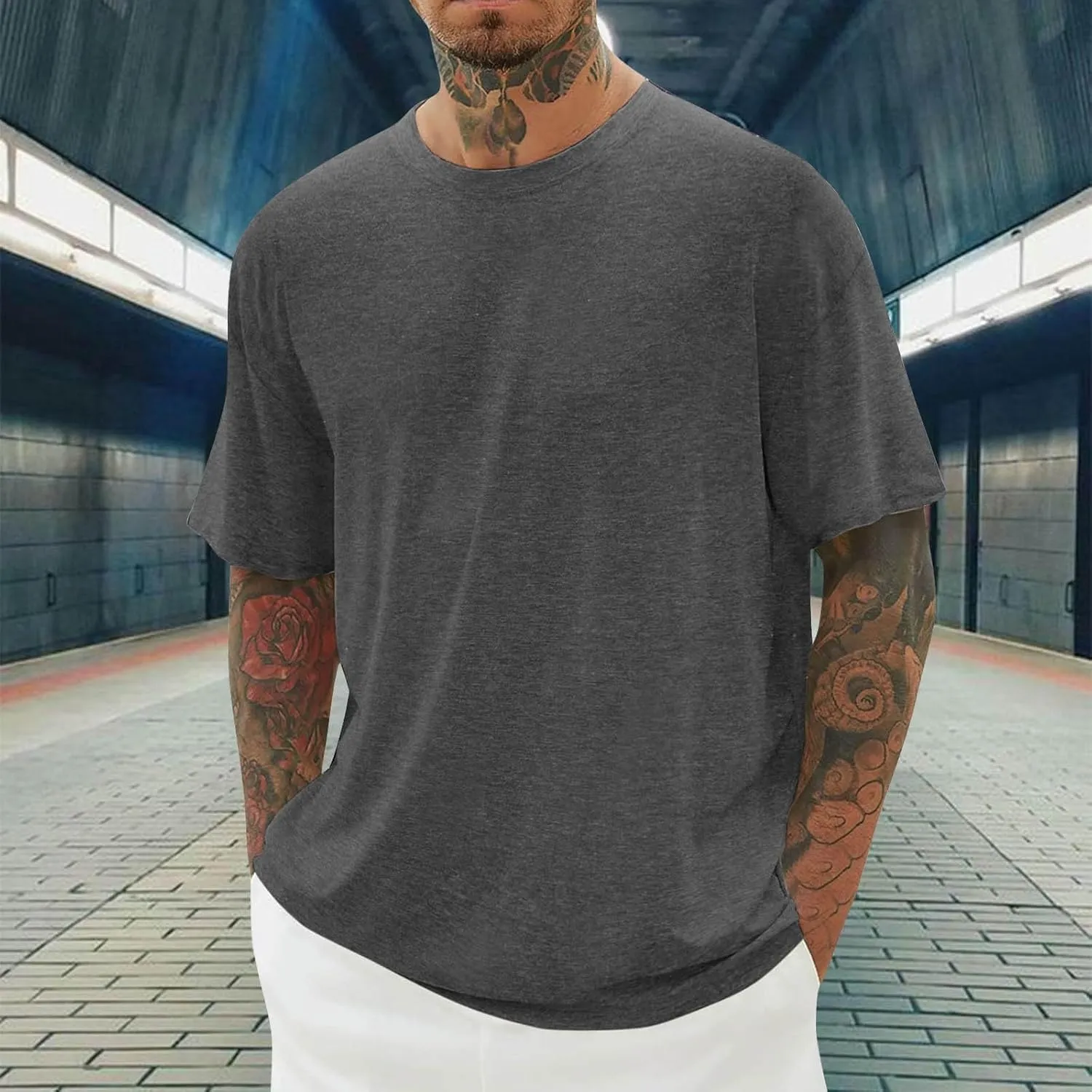 Mens T Shirts Round Neck T Shirts Casual Short Sleeve Slim Fit Muscle Shirts Summer Solid Crewneck Basic Tees Tops
