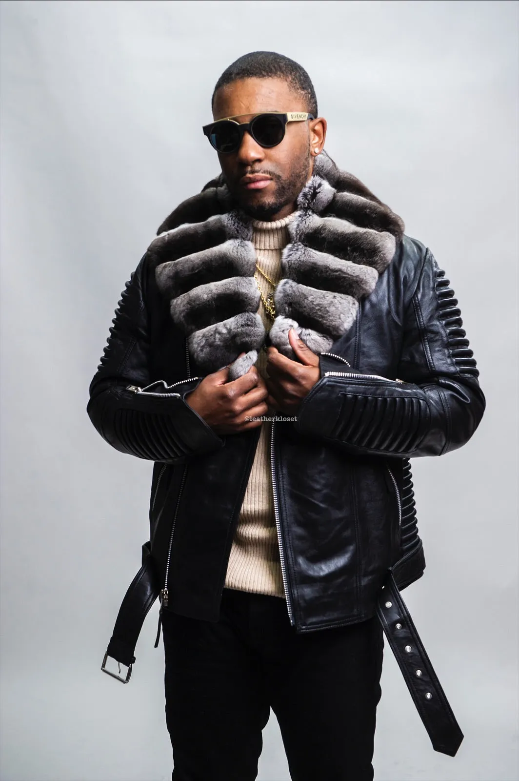 Men's Trey Biker With Real Chinchilla Fur Collar [Black]