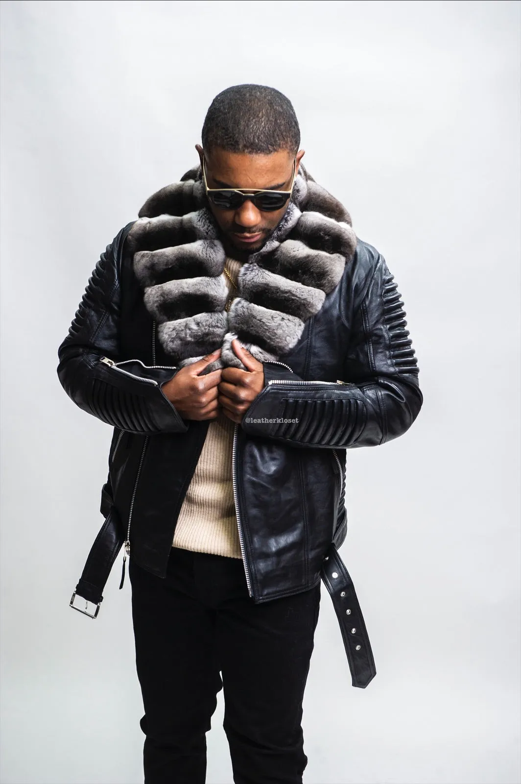 Men's Trey Biker With Real Chinchilla Fur Collar [Black]