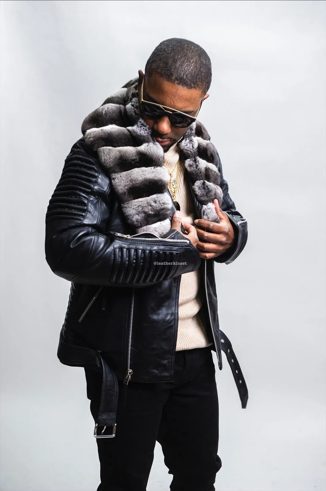 Men's Trey Biker With Real Chinchilla Fur Collar [Black]