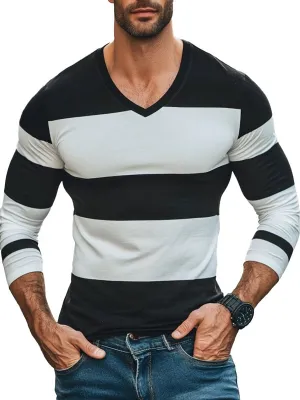 Men's V-Neck Black And White Striped Casual Long-Sleeved T-Shirt