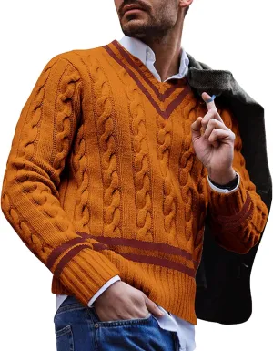 Men's V-Neck Color Matching Sweater Male Ribbed Knitted Cable Slim Fit Pullovers Man Color Block Ribbed Sweaters