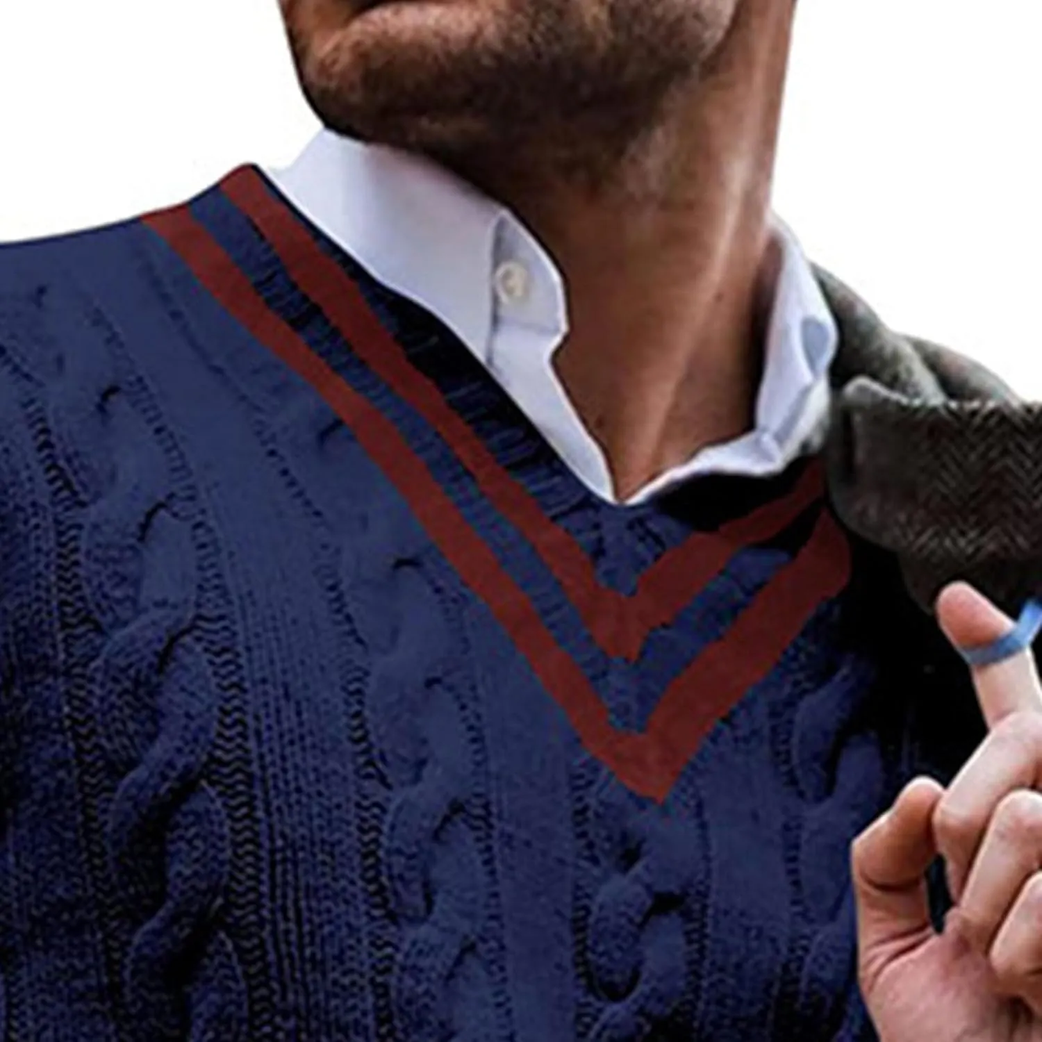 Men's V-Neck Color Matching Sweater Male Ribbed Knitted Cable Slim Fit Pullovers Man Color Block Ribbed Sweaters