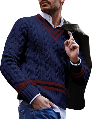 Men's V-Neck Color Matching Sweater Male Ribbed Knitted Cable Slim Fit Pullovers Man Color Block Ribbed Sweaters