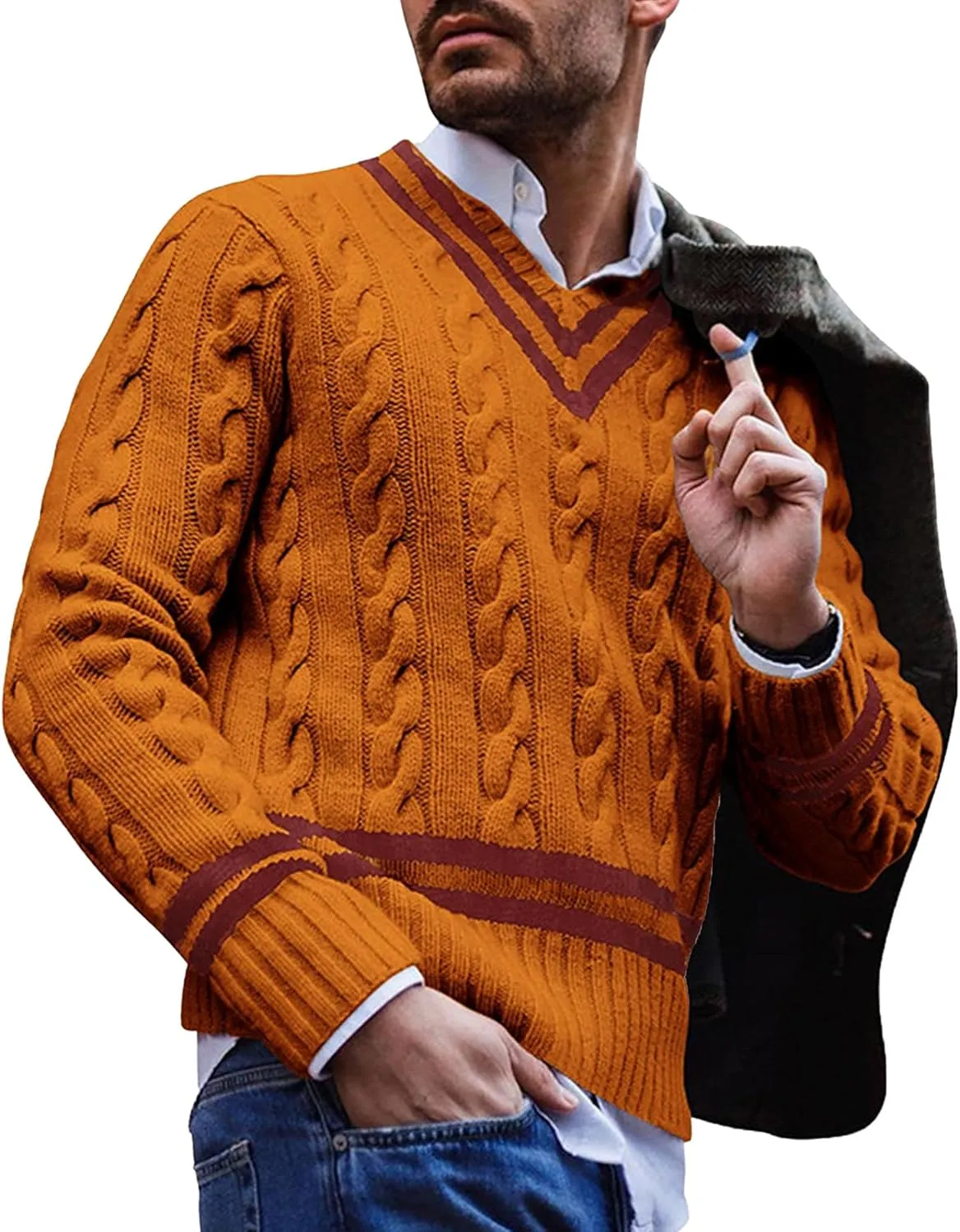 Men's V-Neck Color Matching Sweater Male Ribbed Knitted Cable Slim Fit Pullovers Man Color Block Ribbed Sweaters