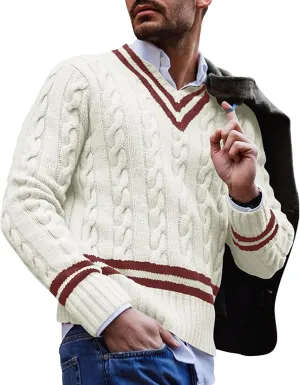 Men's V-Neck Color Matching Sweater Male Ribbed Knitted Cable Slim Fit Pullovers Man Color Block Ribbed Sweaters