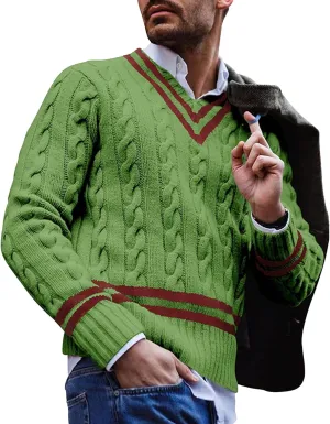 Men's V-Neck Color Matching Sweater Male Ribbed Knitted Cable Slim Fit Pullovers Man Color Block Ribbed Sweaters