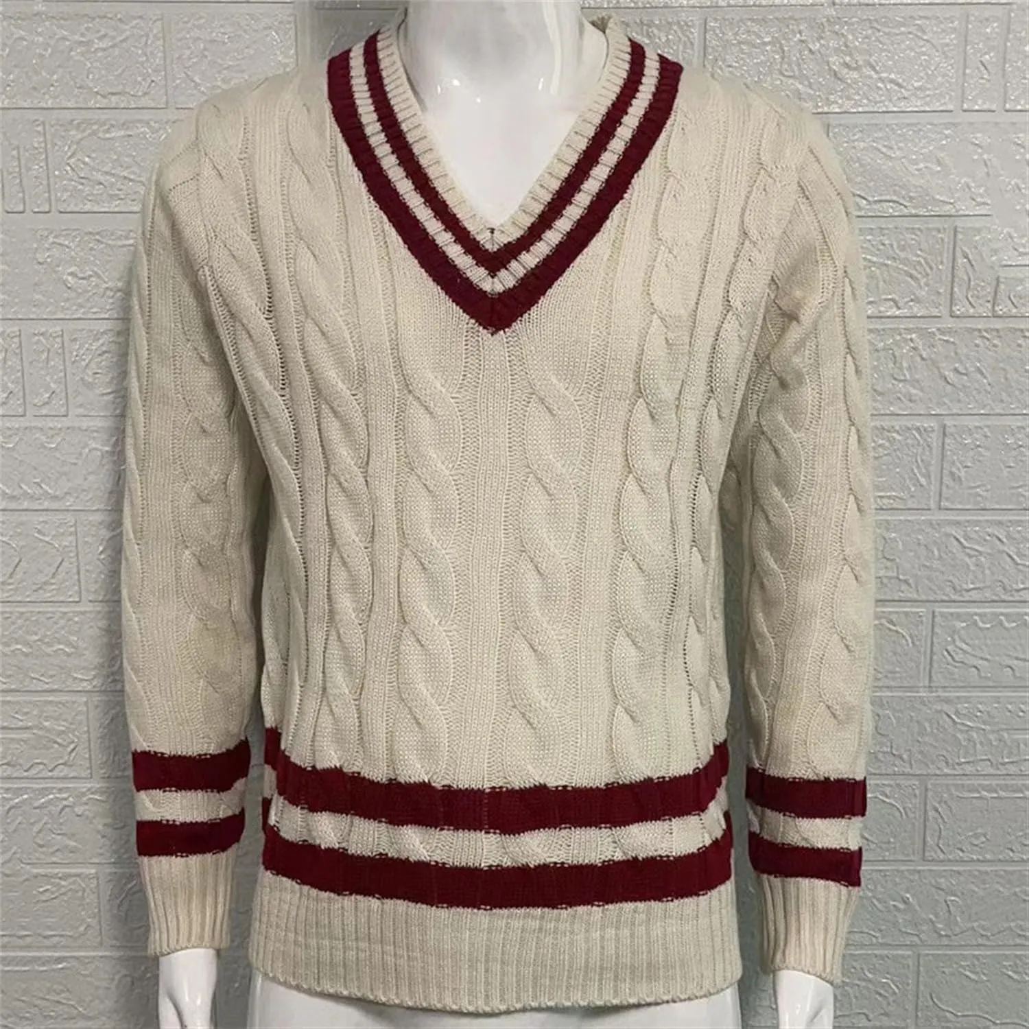 Men's V-Neck Color Matching Sweater Male Ribbed Knitted Cable Slim Fit Pullovers Man Color Block Ribbed Sweaters